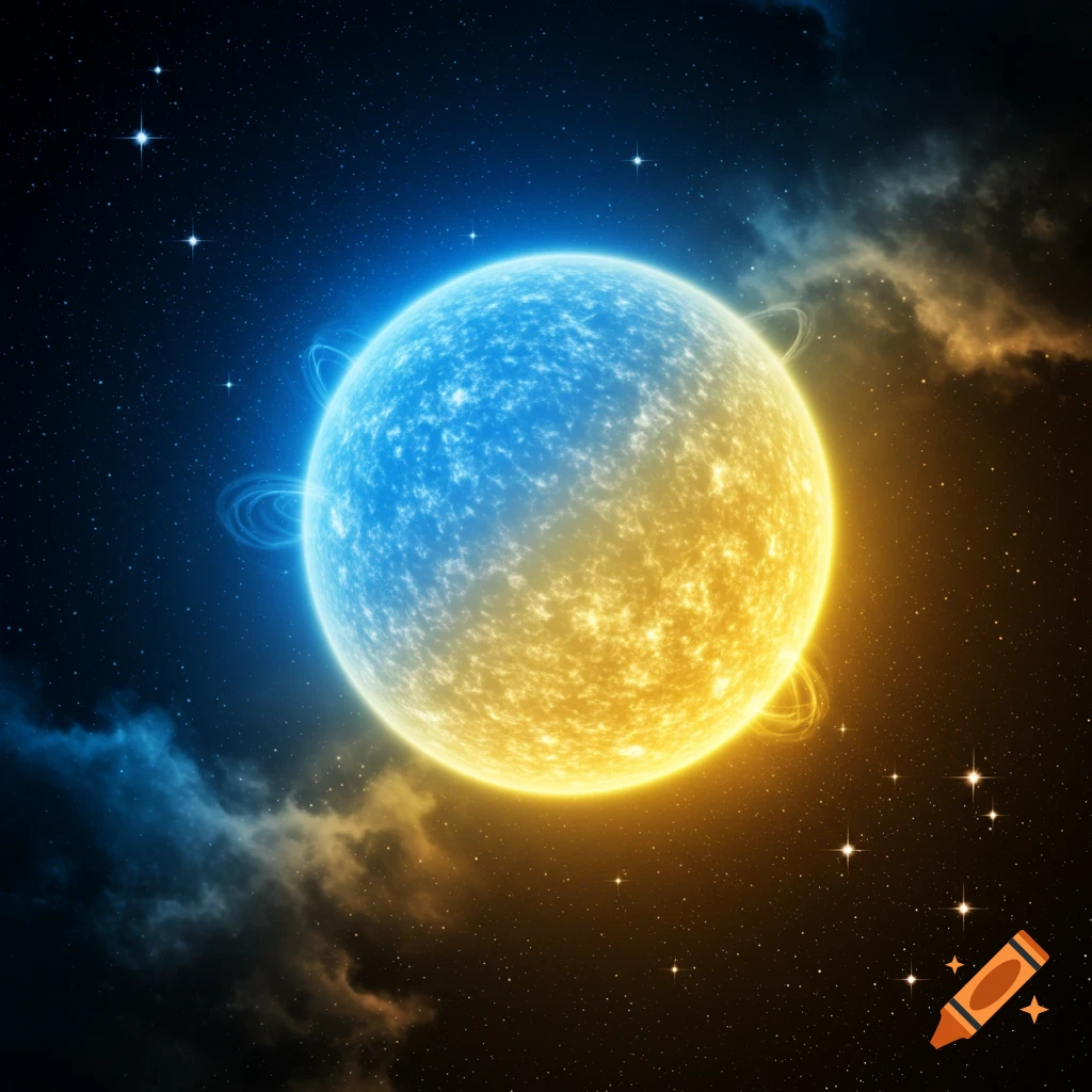 A vibrant celestial body, half glowing blue and half glowing yellow, in deep space surrounded by distant stars and nebulae.