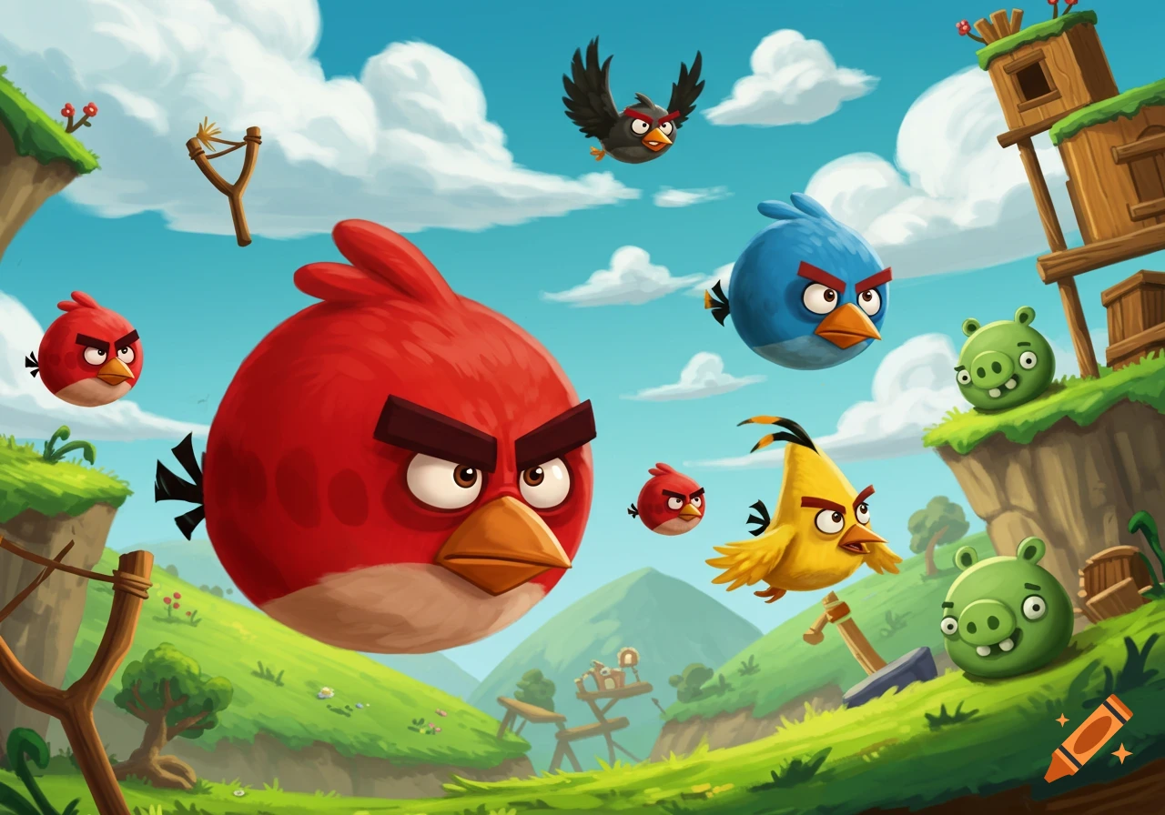 Angry Birds characters, including Red, Chuck, Bomb, and the blue birds, along with green pigs, in a colorful cartoon landscape with a slingshot.