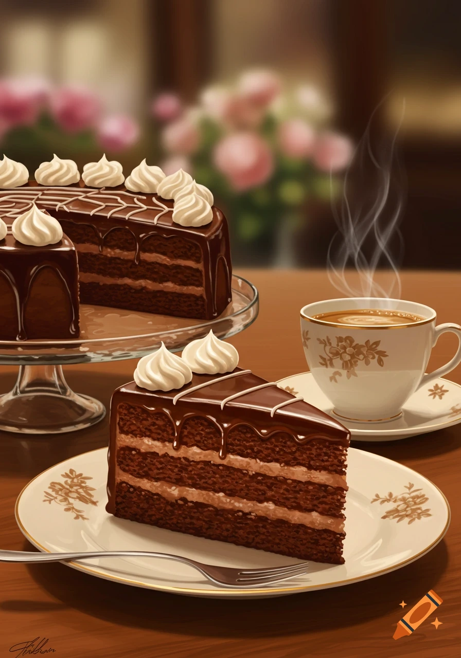 A slice of chocolate cake on a plate with a whole cake and steaming coffee cup on a wooden table in an illustrative style.