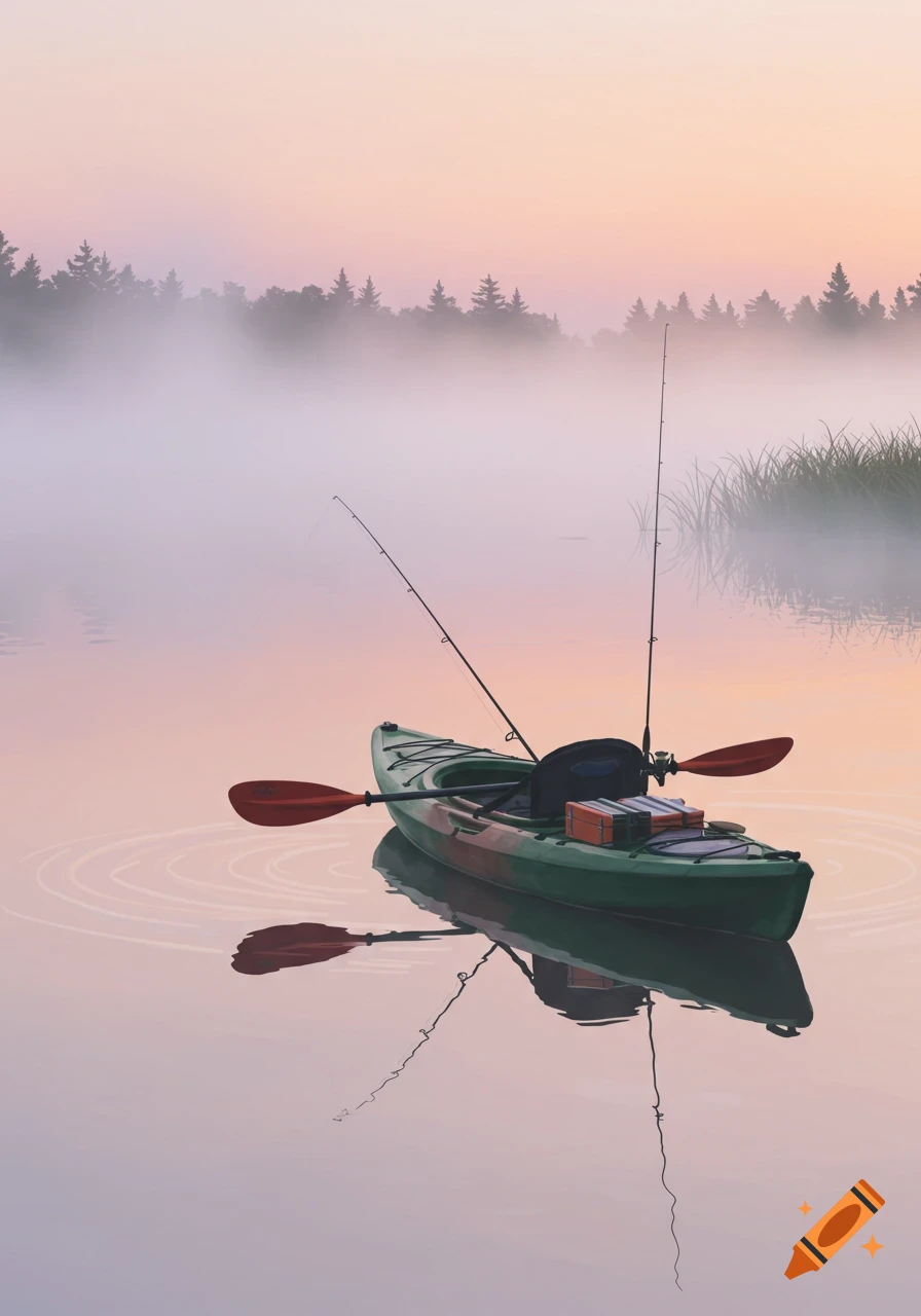 A green kayak with fishing rods and a paddle floats on a misty lake at sunrise or sunset, with soft pink and orange hues in the sky.
