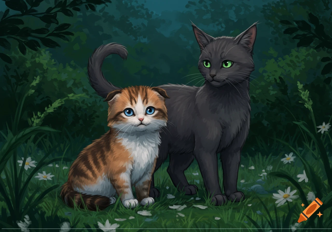 An illustration of a small tabby kitten with blue eyes sitting next to a larger grey cat with green eyes in a forest with daisies.