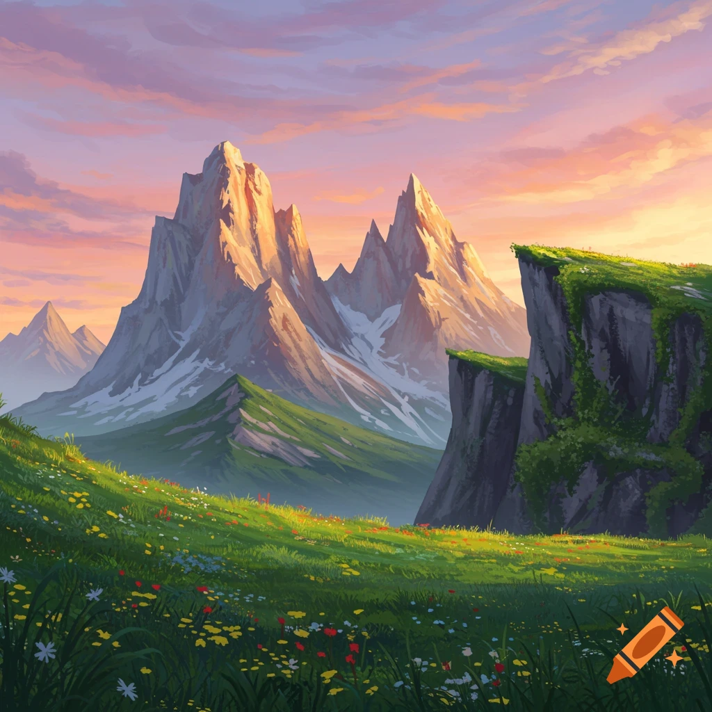 Vibrant landscape with sunlit mountains, green fields, and steep cliffs under a colorful sky.