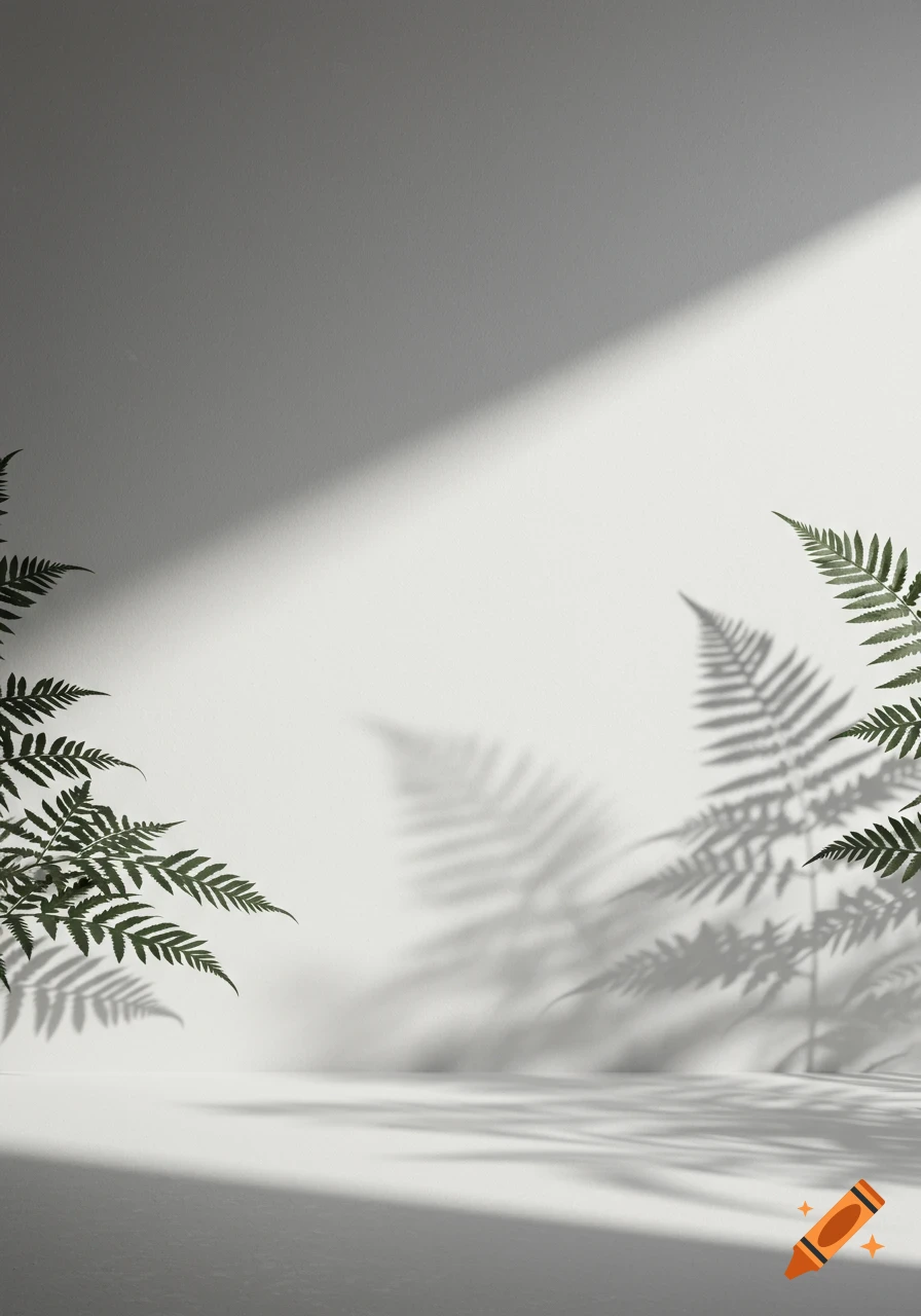 Green fern leaves and their shadows on a white wall and floor, illuminated by a diagonal light.