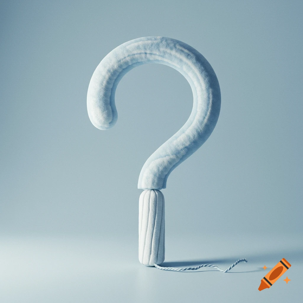 A soft, white question mark with a tampon forming its base, on a light blue background.