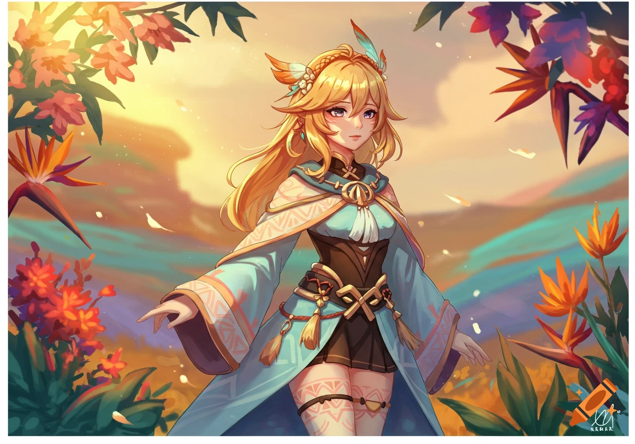 An anime-style female character with long blonde hair and a light blue and brown outfit, standing in a vibrant tropical landscape at sunset.