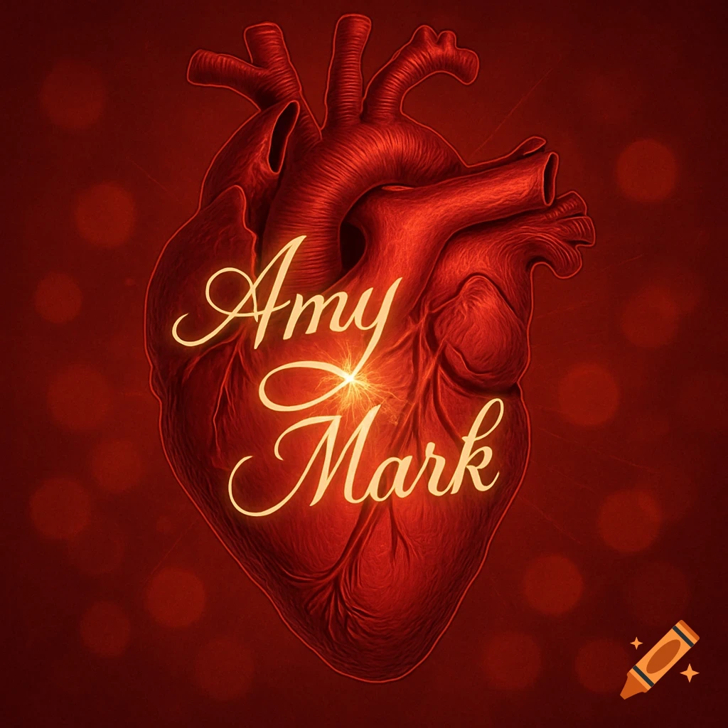 A stylized red anatomical heart with the glowing names "Amy" and "Mark" written on it, set against a dark red background with bokeh lights.