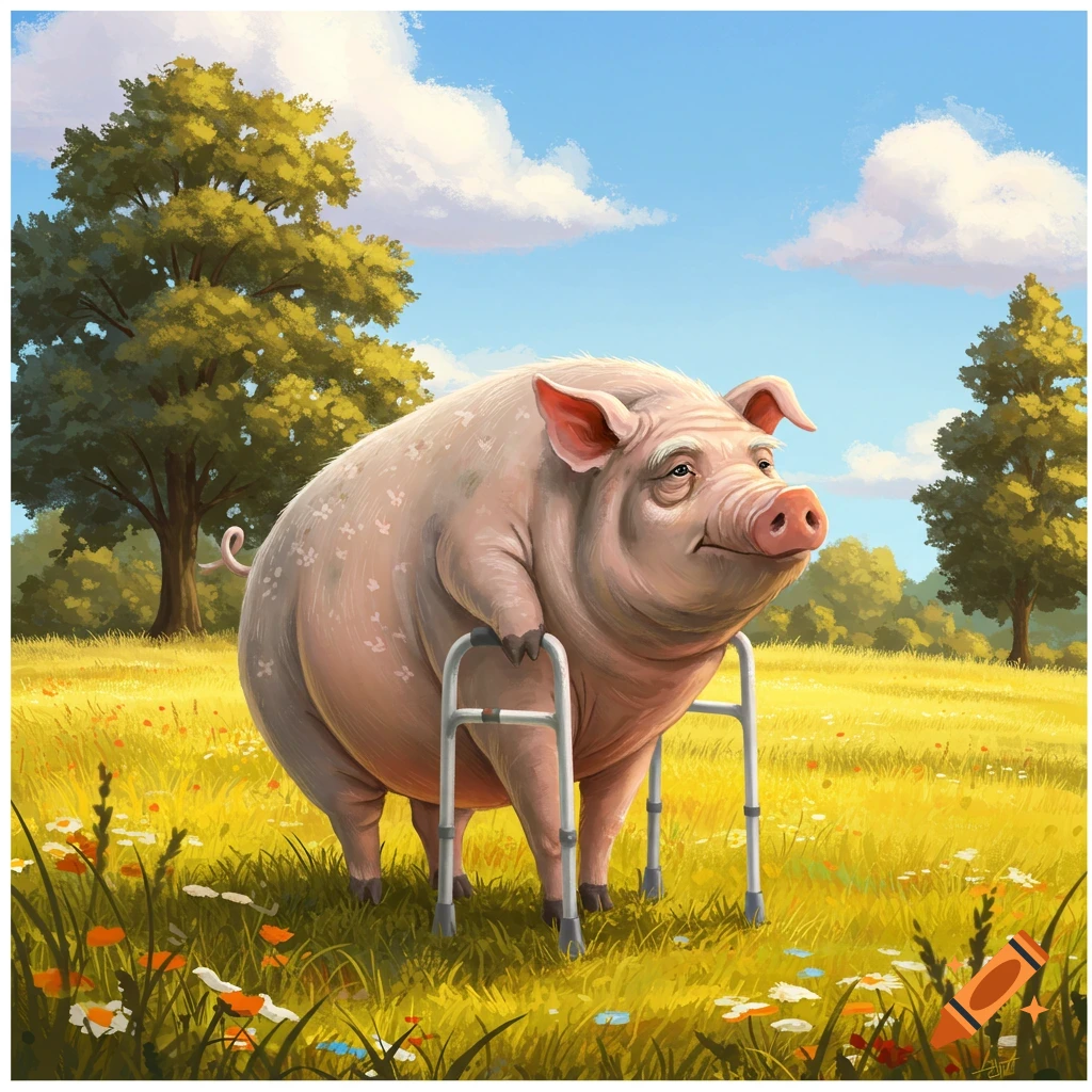 A cartoon-style elderly pig walks with a medical walker through a vibrant green and yellow field under a blue sky.