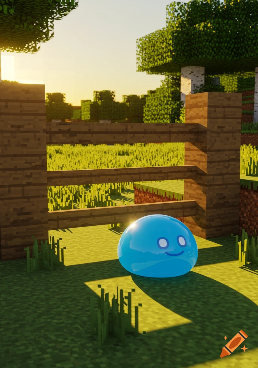 A shiny blue slime with big eyes sits on blocky green grass in a Minecraft-style world at sunset, next to a wooden fence.