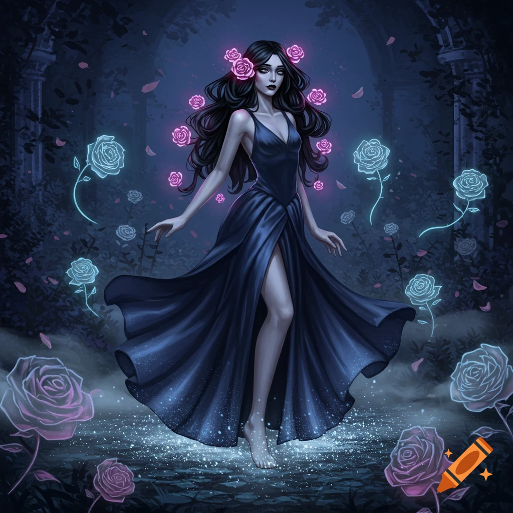 A dark-haired woman in a flowing black dress stands barefoot among glowing pink and blue roses in a dark, ethereal fantasy setting.