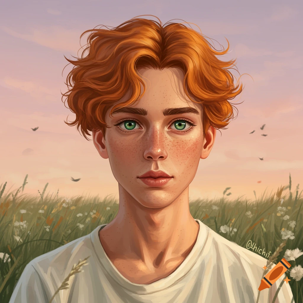 A digital art portrait of a ginger-haired young man with green eyes and freckles, against a sunset sky and grassy field.