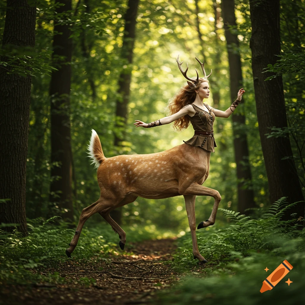 A deer centaur girl with long flowing red hair and antlers hops through a sunlit forest.