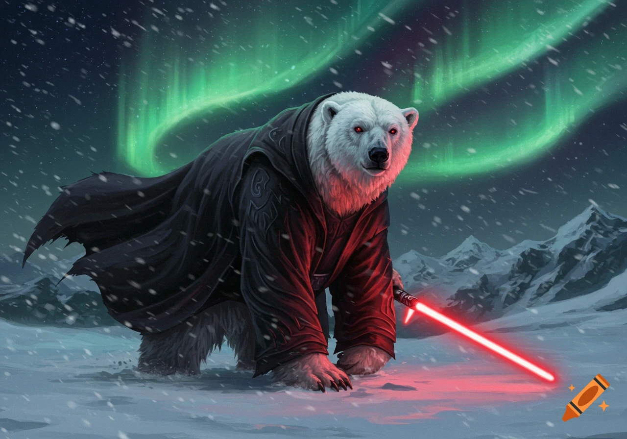 A polar bear in dark robes wields a red lightsaber in a snowy arctic landscape under green aurora borealis.
