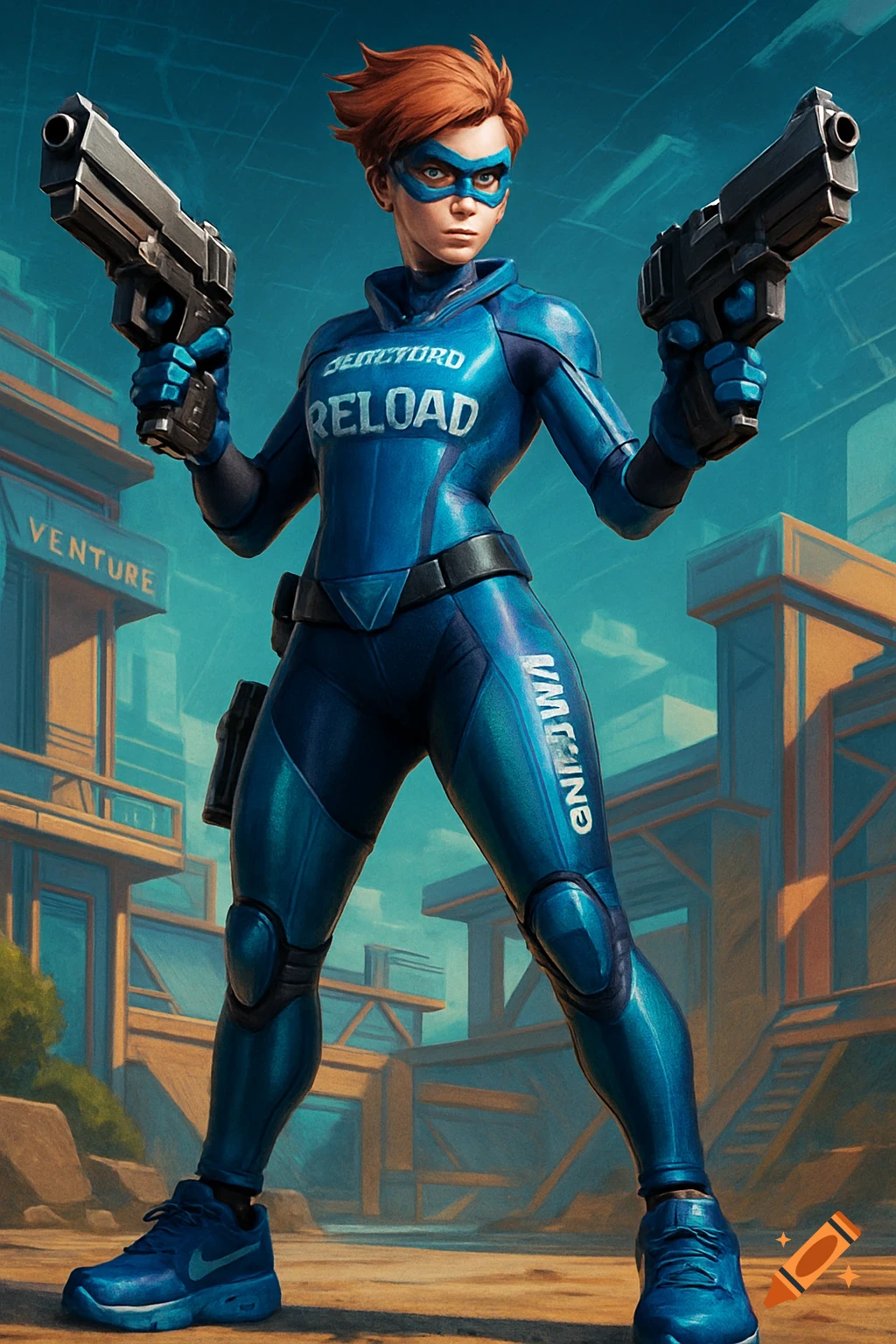 A stylized female character in a blue suit and mask holds two pistols. She has red hair and is in an urban setting.