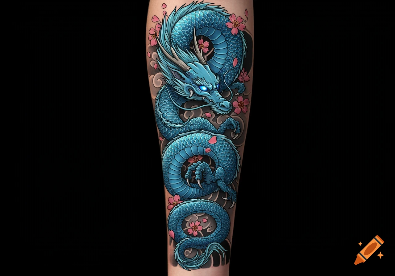 A vibrant blue dragon tattoo with glowing eyes and pink cherry blossoms wrapped around an arm or leg, against a black background.
