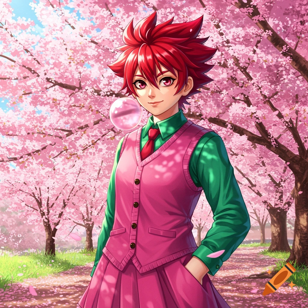An anime character with red spiky hair, a pink vest, green shirt, and pink skirt blows a bubble while standing on a path lined with pink cherry blossom trees.
