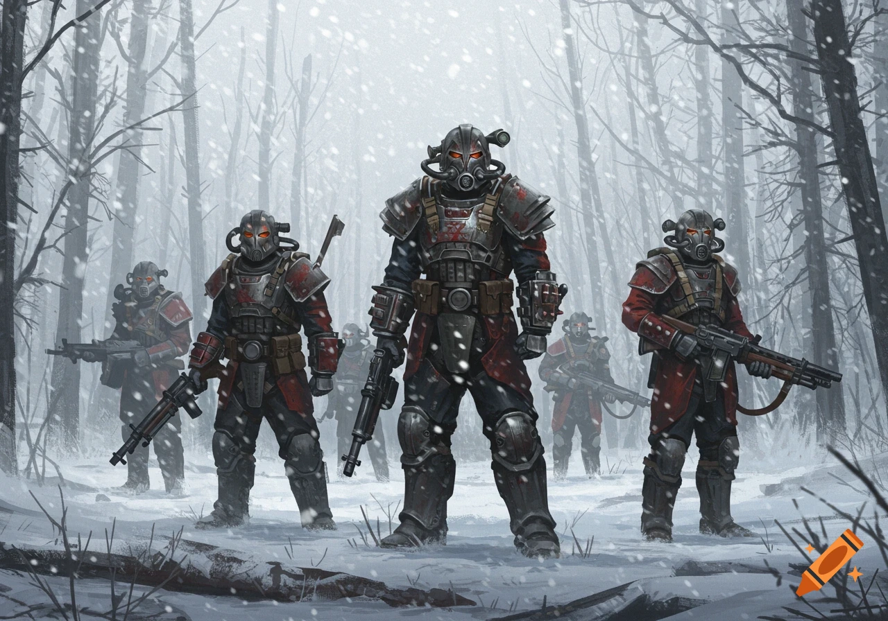 Armored legionary soldiers in a snowy subarctic forest, holding rifles in a stylized illustration.