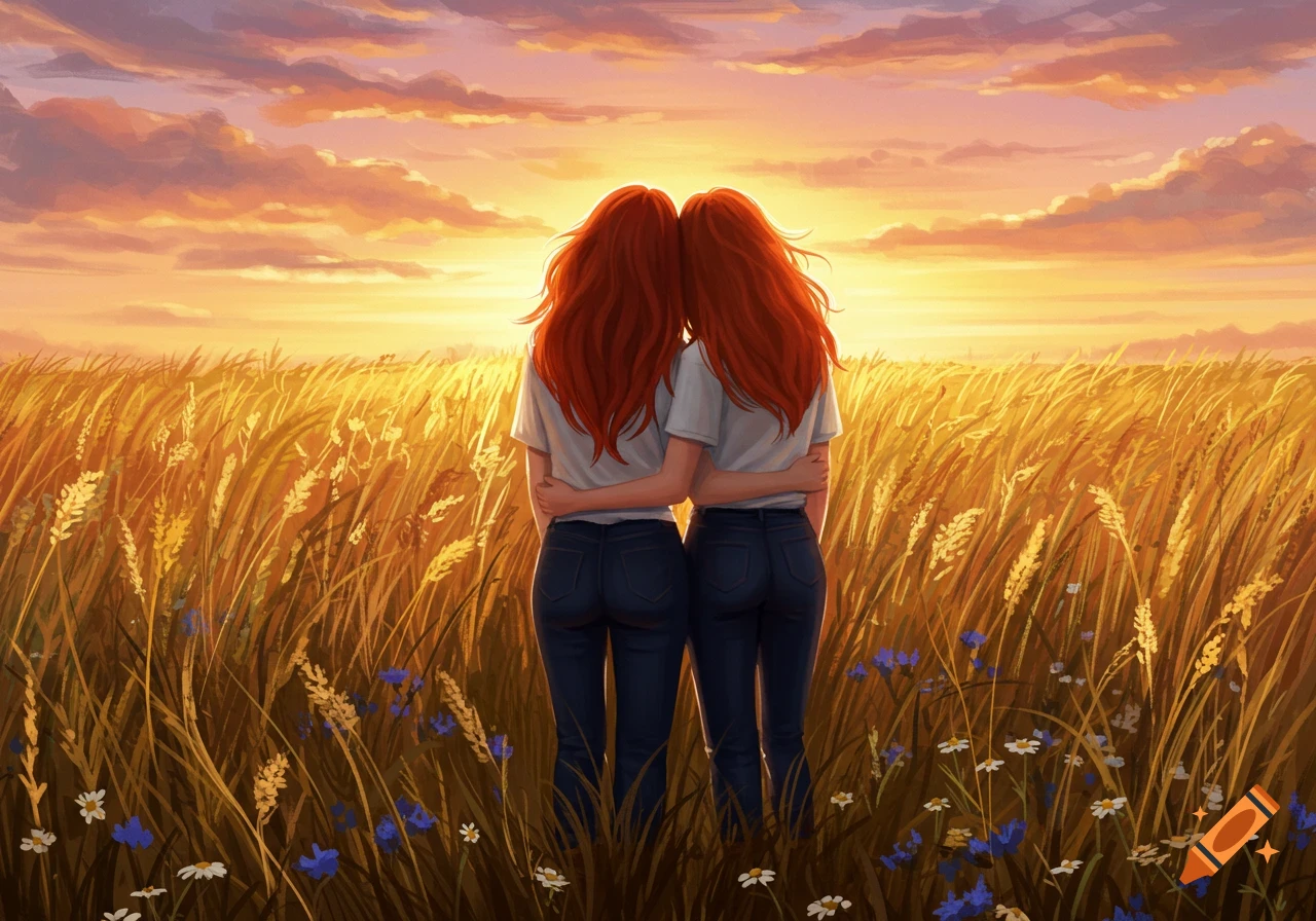 Two women with red hair stand in a golden wheat field, arms around each other, facing a vibrant sunset in a digital art style.