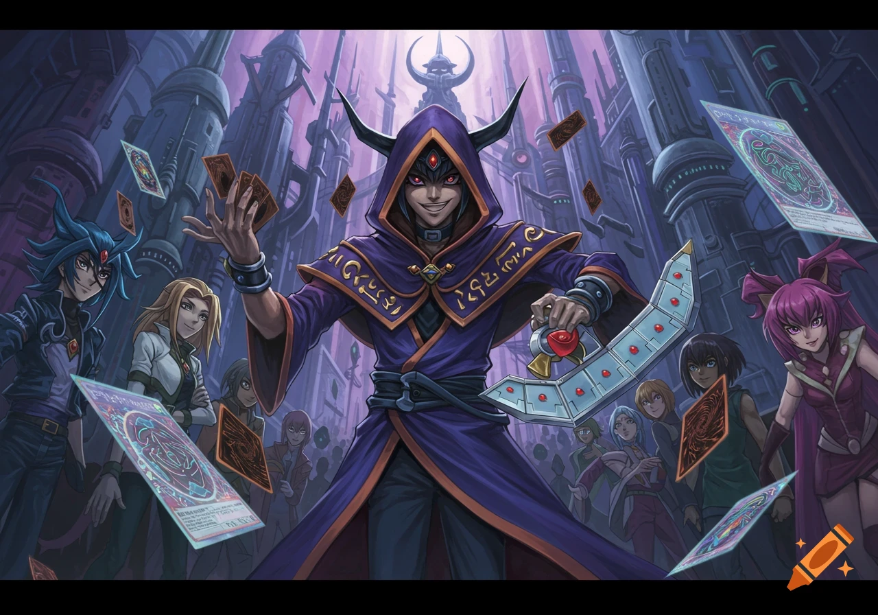 An anime character in a purple horned robe grins while holding trading cards and wearing a duel disk, surrounded by more floating cards in a dark, futuristic city.