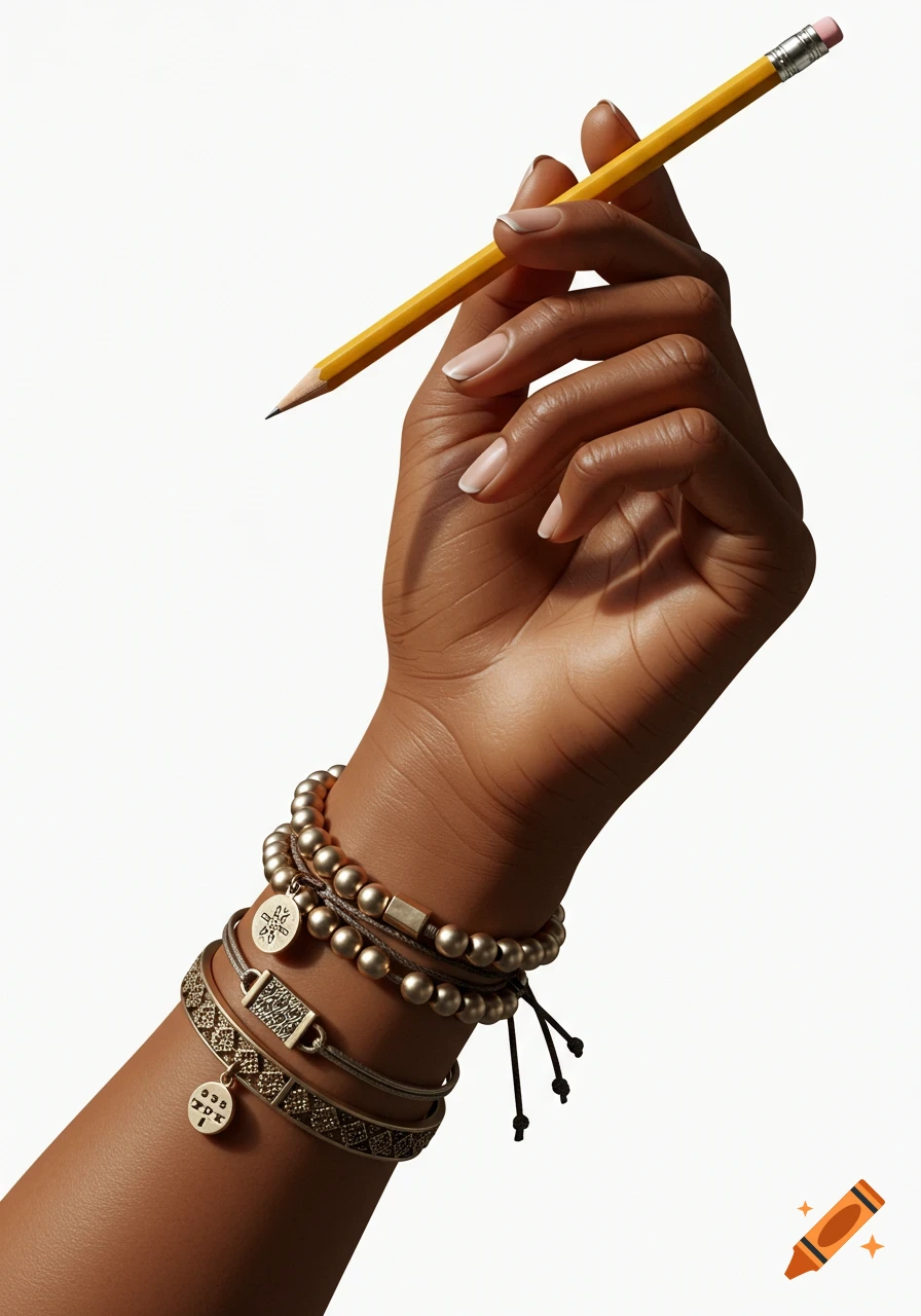 Close-up of a brown-skinned hand holding a yellow pencil, with several gold bracelets and charms on the wrist against a white background.