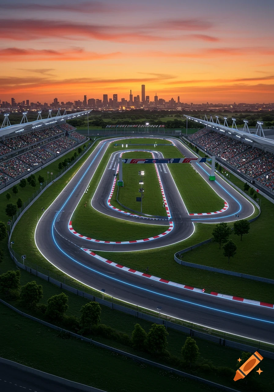 An aerial view of a modern race track with glowing white and blue lines on the asphalt, grandstands filled with spectators, and a city skyline under a colorful sunset sky.