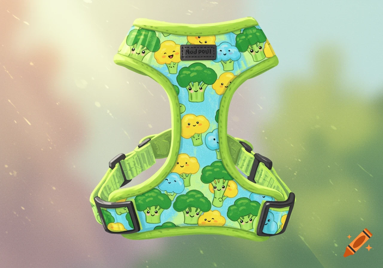 A colorful pet harness with a pattern of cute cartoon broccoli and cauliflower characters with faces, set against a blurred outdoor background.