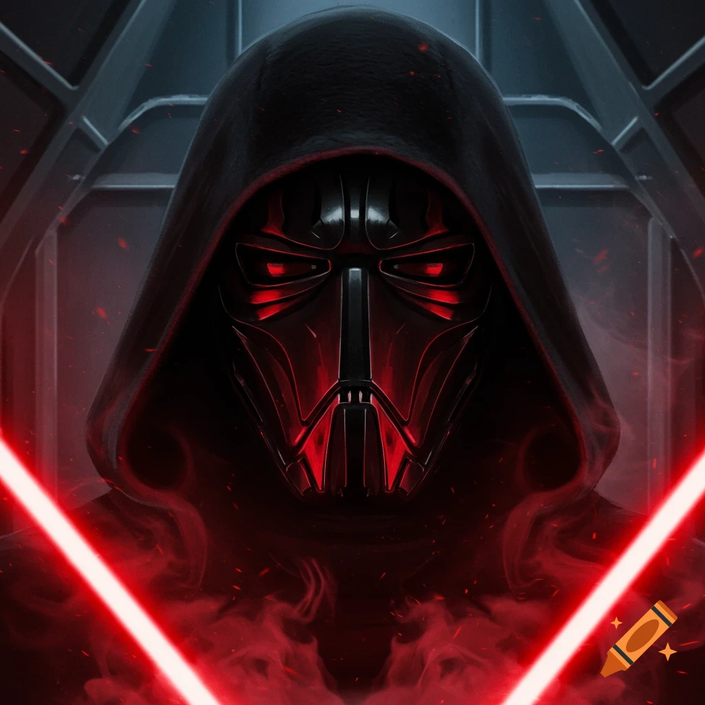 Close-up of a hooded figure wearing a black and red mask, holding two red lightsabers, with red smoke around them.