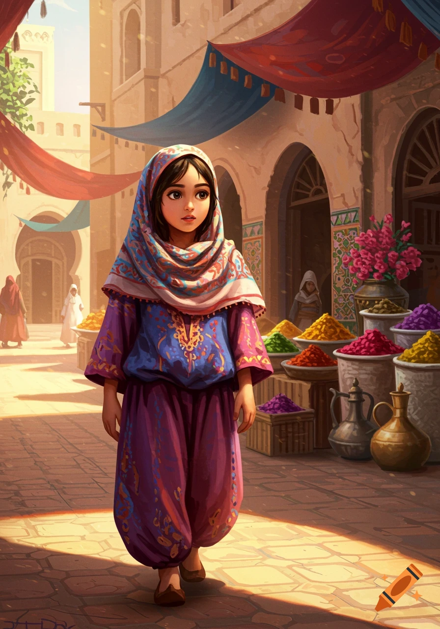 An illustrated young girl in traditional Middle Eastern clothing stands in a sunlit market with spice stalls.