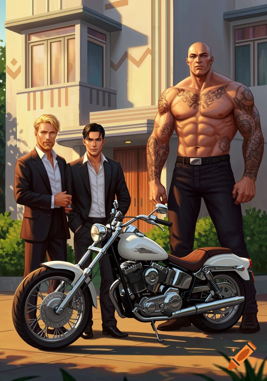 Three men stand next to a white motorcycle in front of an art deco house. One man is bald and tattooed, two are in suits.