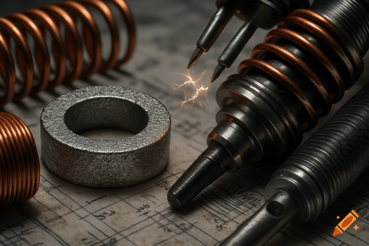 Macro photo of electromagnetic suspension components with copper coils, a metallic ring, and sparks on grease-stained engineering schematics.