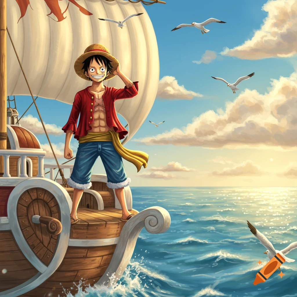 Anime-style depiction of Monkey D. Luffy standing on the bow of a ship, looking out over a sunlit ocean with seagulls flying under a partly cloudy sky.
