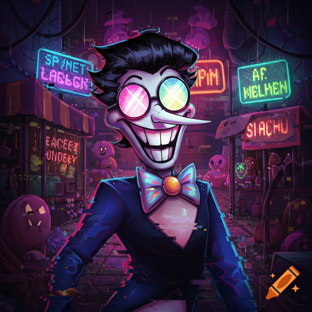A stylized illustration of Spamton from Deltarune, a character with a wide grin, long nose, and colorful glasses, wearing a blue suit and bow tie, standing in a vibrant neon-lit cityscape with glitch art effects.