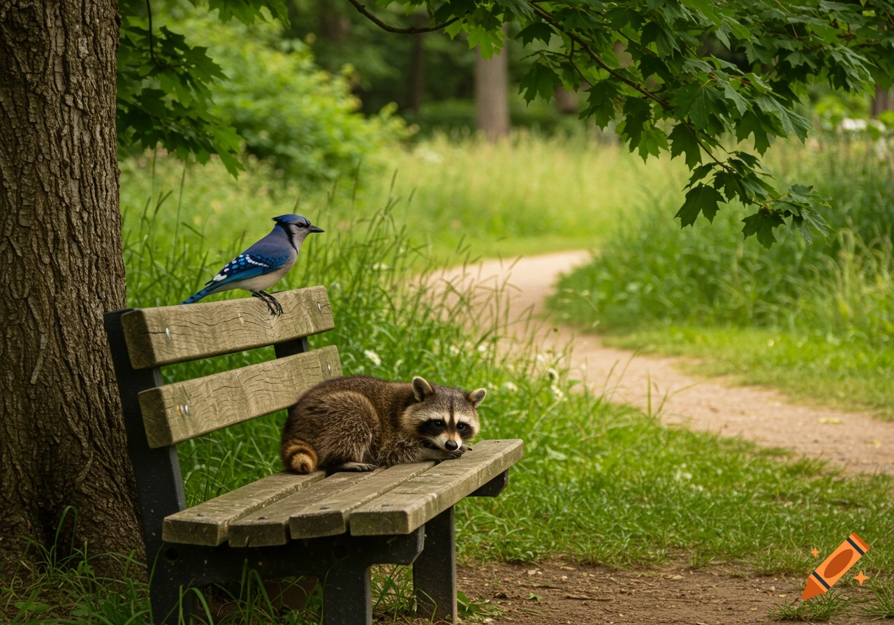 A blue jay perched on a wooden park bench next to a raccoon lounging on the bench, under a tree by a dirt path.