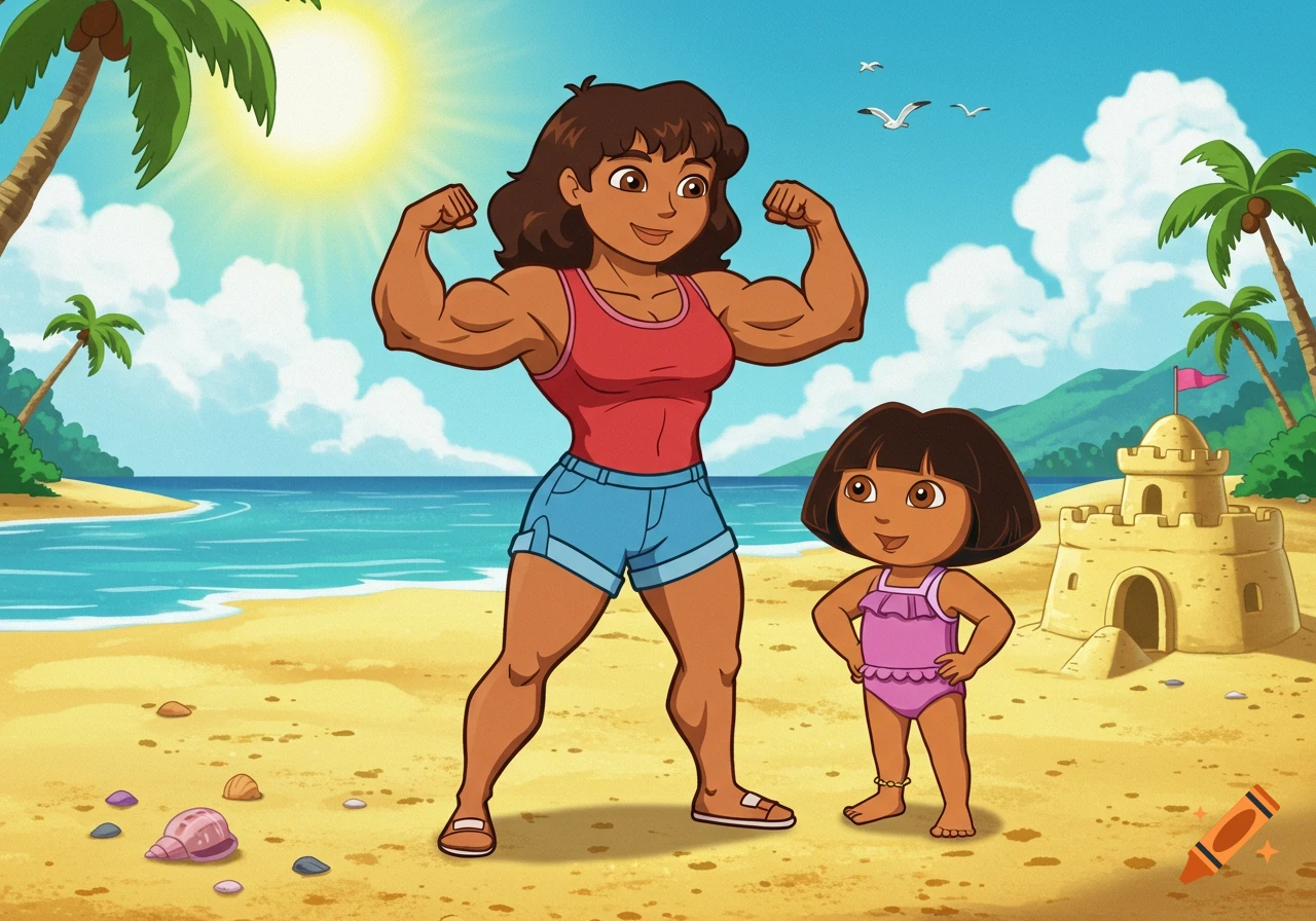 Cartoon of Dora's Mami flexing muscles at the beach next to a smiling Dora and a sandcastle.