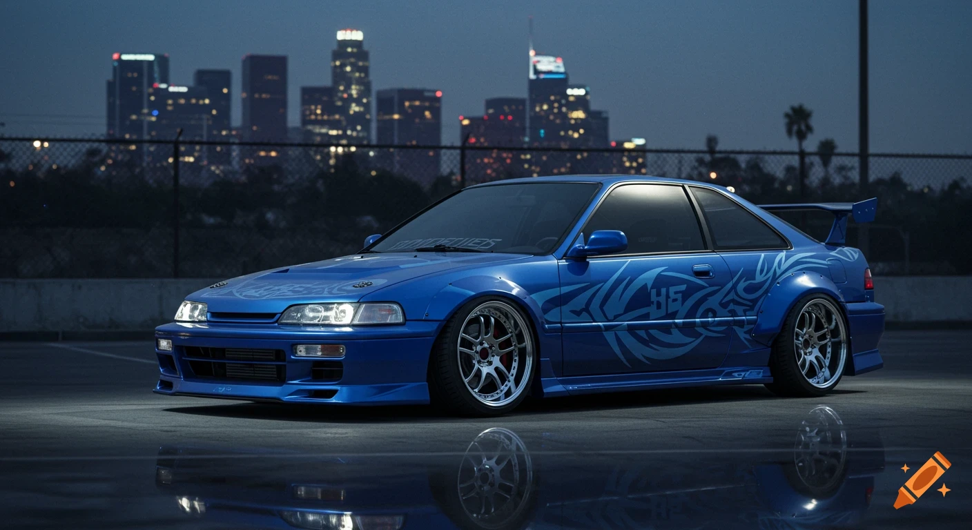 A custom blue 1992 Acura Integra GS-R with tribal vinyls and widebody kit parked at night with a city skyline in the background.