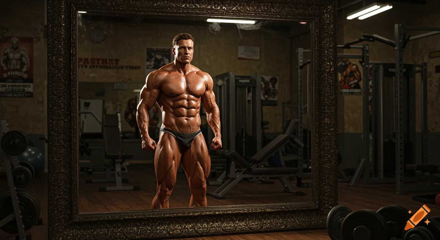 A muscular bodybuilder in black posing trunks flexes in front of a large ornate mirror in a gym, with exercise equipment in the background.