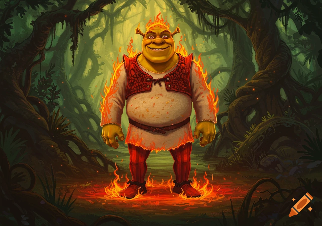 An illustration of Shrek engulfed in orange flames, standing in a dark, mysterious swamp.