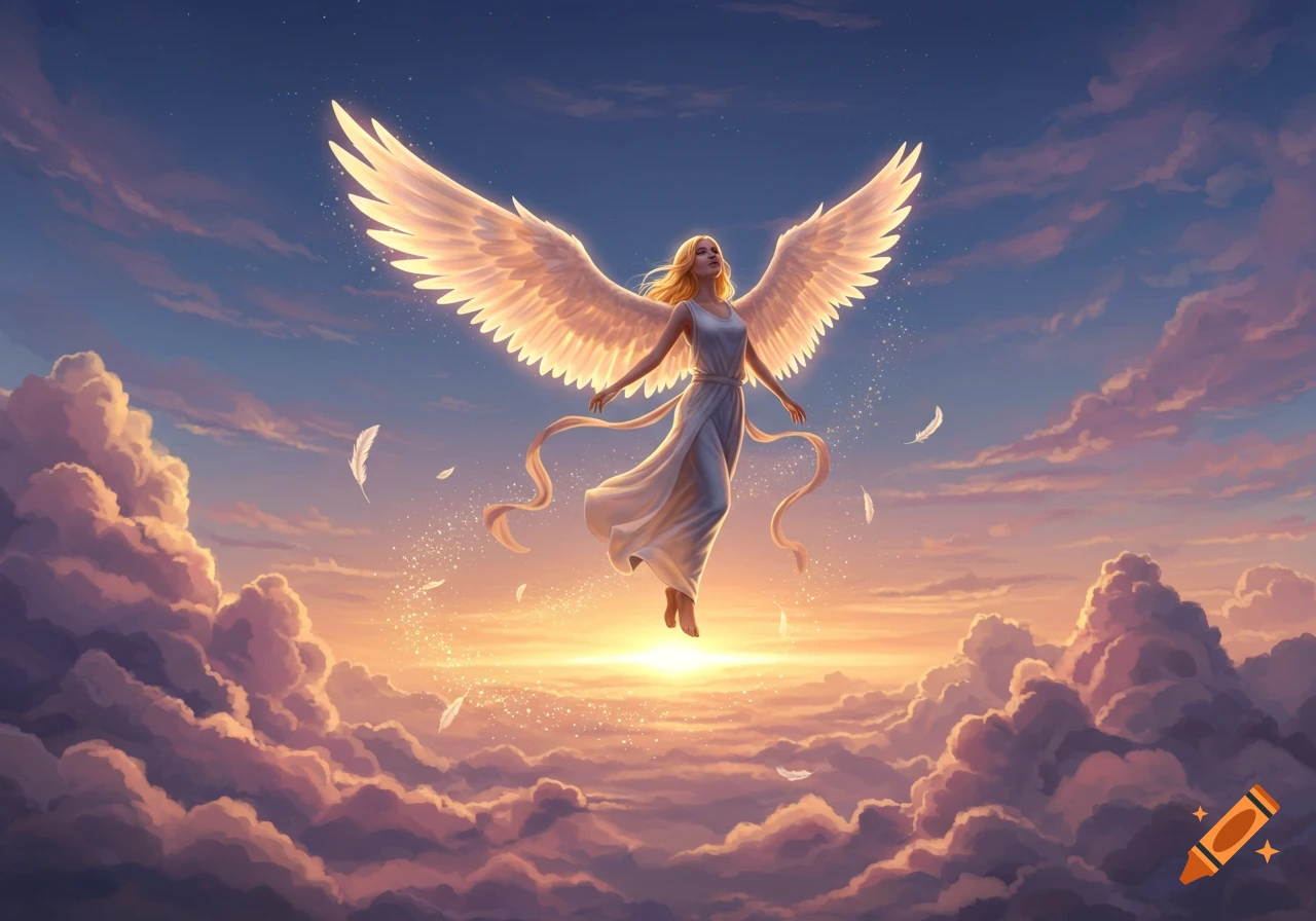 An ethereal angel with glowing white wings ascends into a vibrant sunset sky filled with soft clouds.