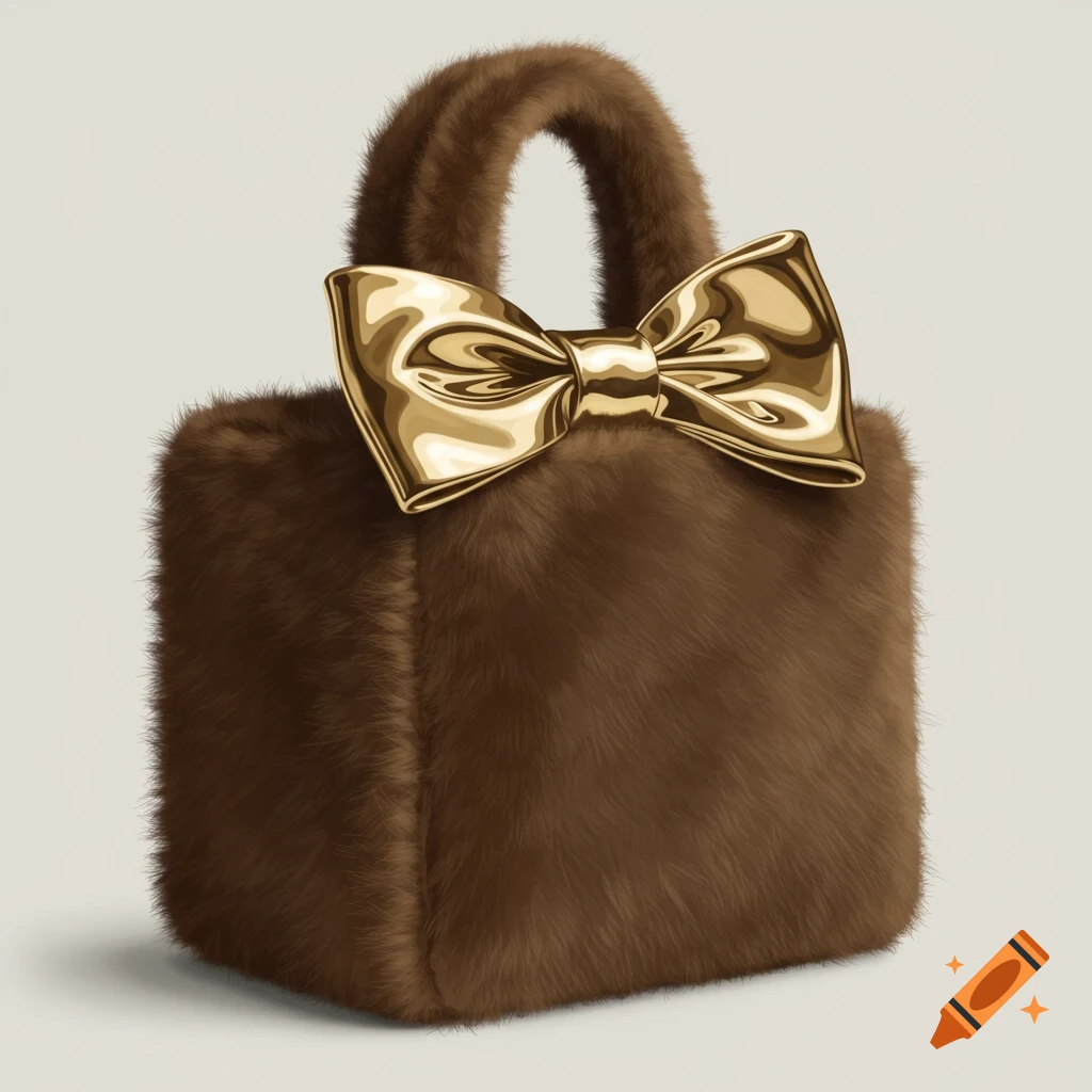 A cube-shaped brown fur bag with a gold bow on its handle, set against a plain background.
