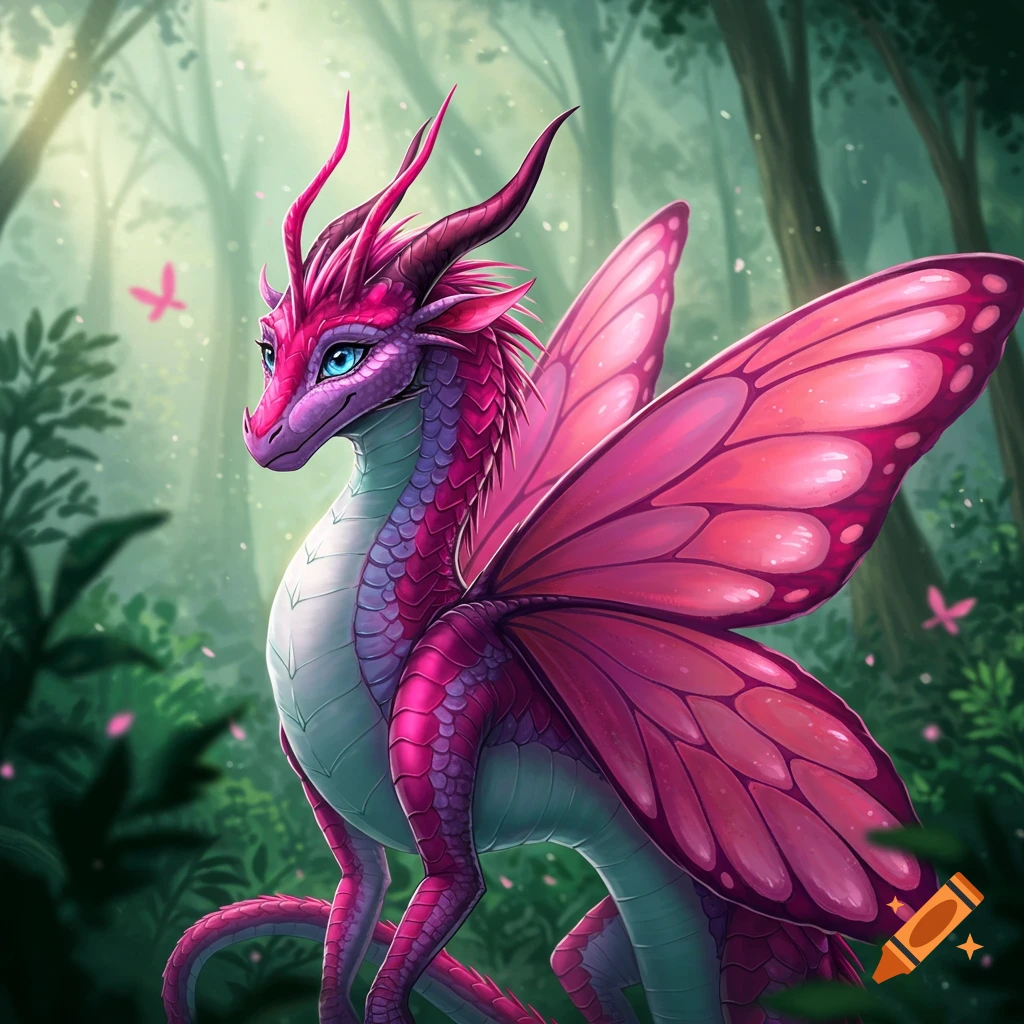 A vibrant pink and purple dragon with butterfly wings and blue eyes sits in a mystical forest, rendered in a digital art style.