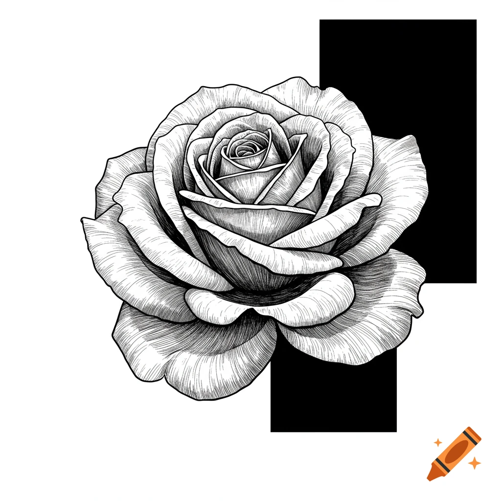 Black and white line drawing of a rose with intricate shading and a solid black rectangle behind it.