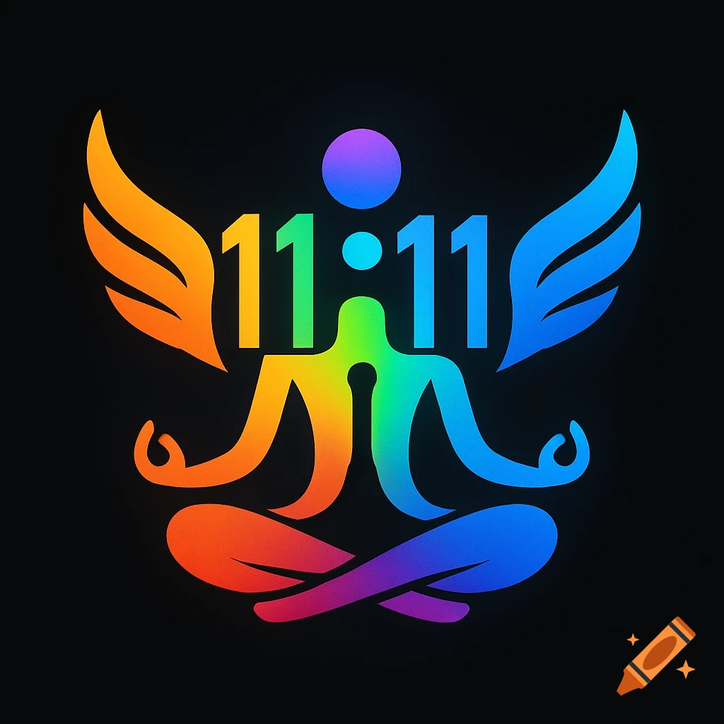A vibrant rainbow-colored logo featuring a meditating figure with angel wings, integrated with the numbers 11:11, on a black background.