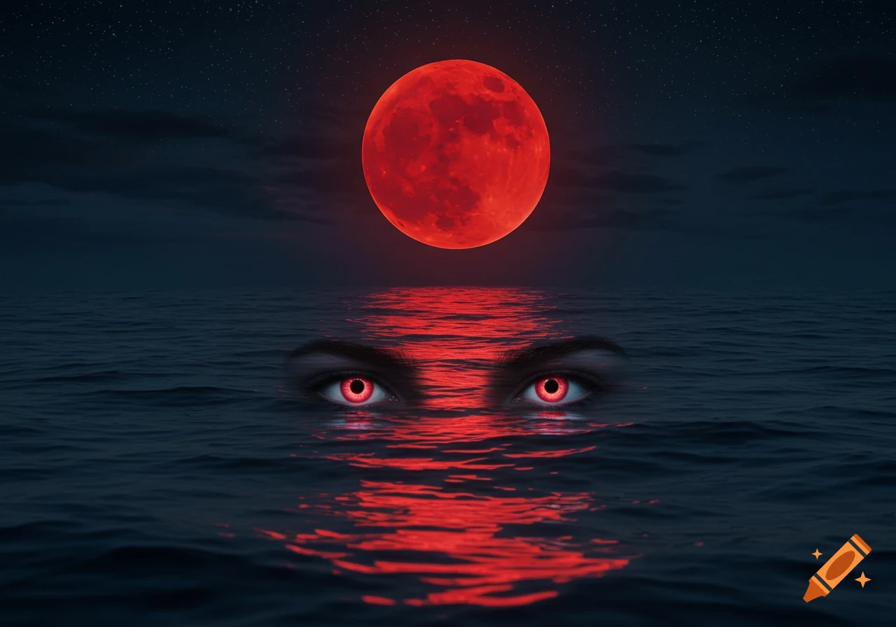 Red eyes peer from dark water beneath a large, glowing red blood moon in a starry night sky.