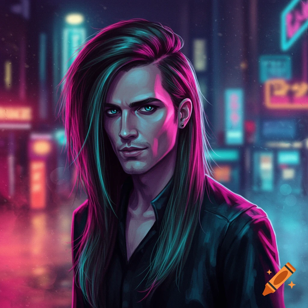 A stylized portrait of a man with long, pink and teal highlighted hair against a neon city background.