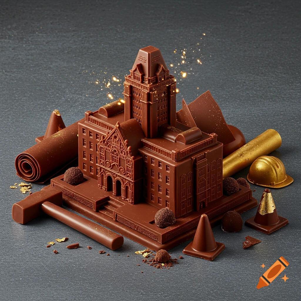 A detailed chocolate sculpture of a classical building with construction-themed chocolate tools and gold flakes on a dark surface.