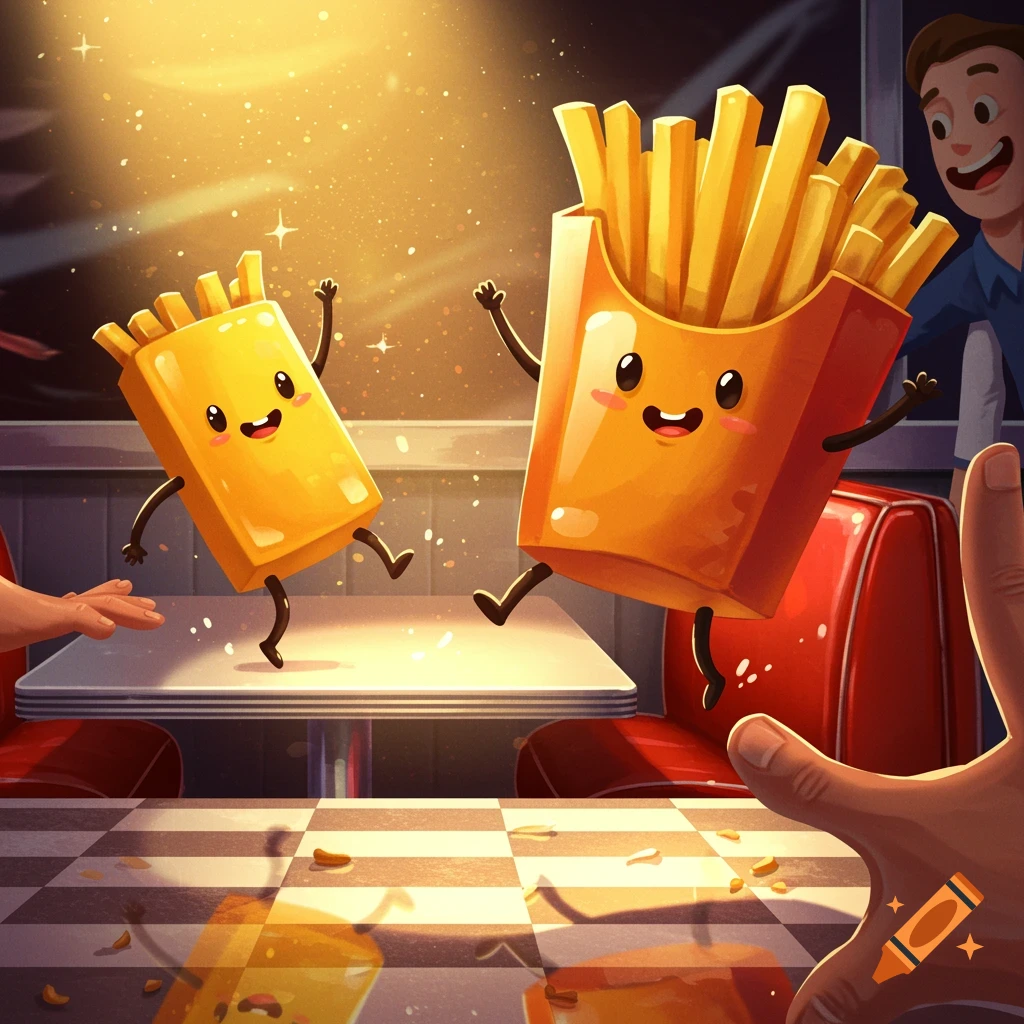 Two happy, anthropomorphic french fry boxes dance and jump on a checkered diner table, illuminated by a warm glow. A person watches from the side.