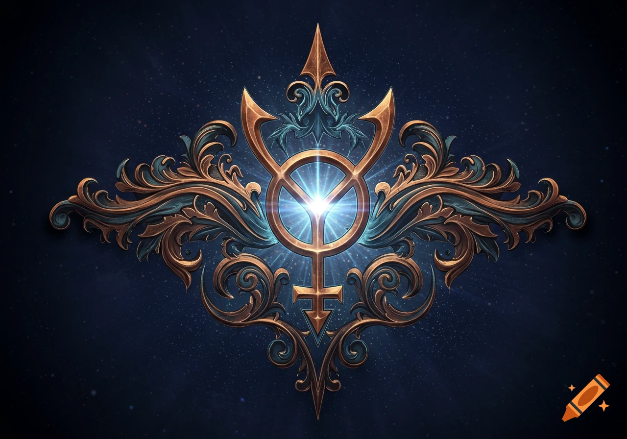 An ornate golden and teal sigil with a glowing center, set against a dark, starry background.