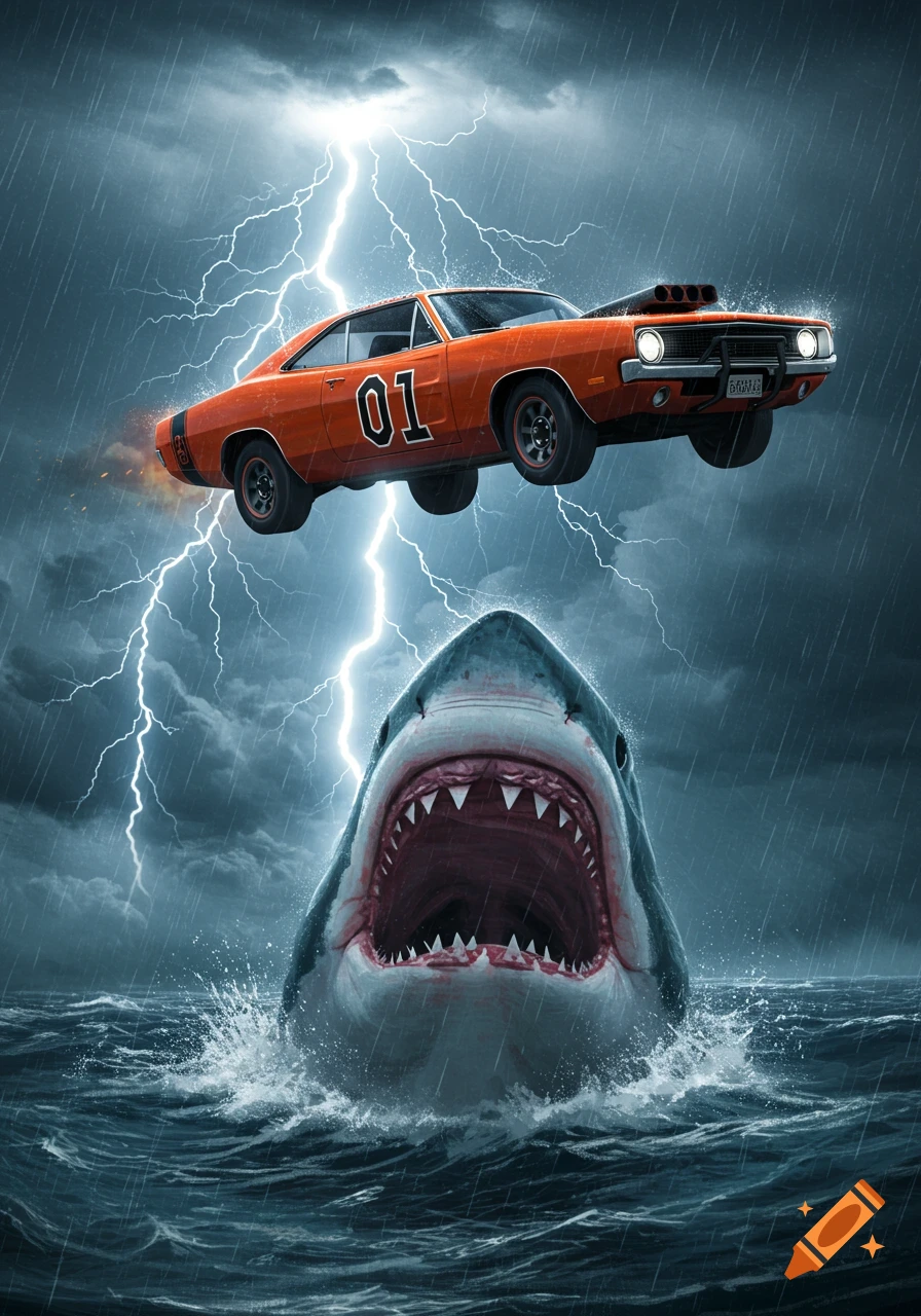 An orange General Lee car with "01" on its side jumps over a massive great white shark in a stormy ocean with lightning.