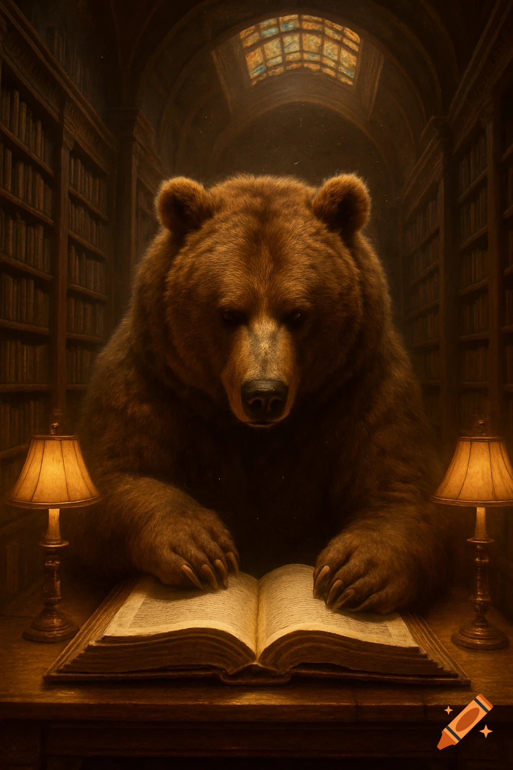 A large grizzly bear sits at a wooden desk, looking at an open book illuminated by two lamps in a dimly lit, grand library filled with bookshelves.