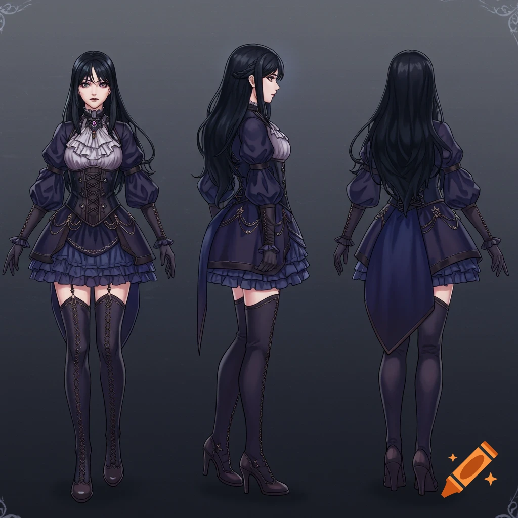 Anime-style concept sheet of a dark-haired female character in a gothic blue and black ruffled dress with a corset, showing front, side, and back views.