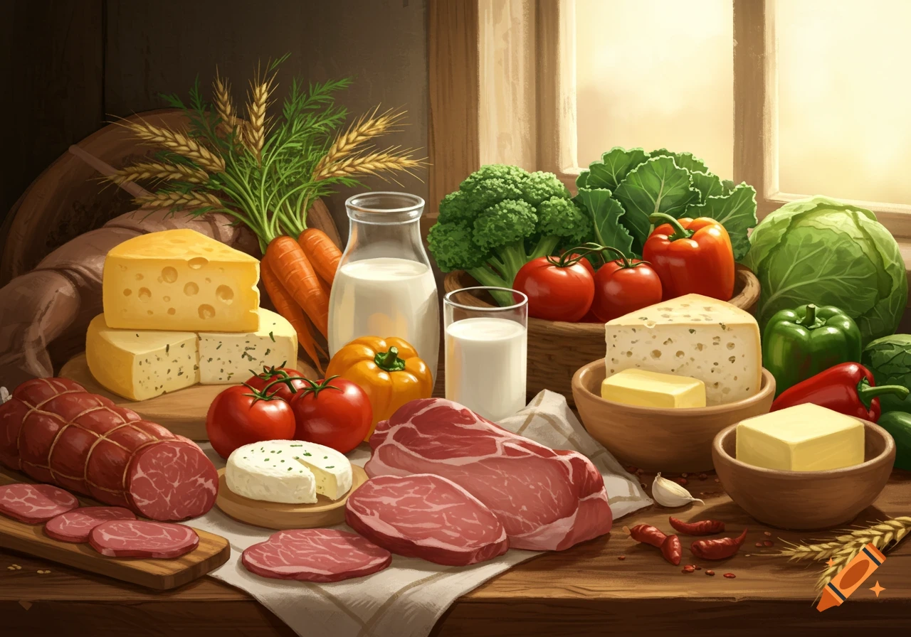 A rustic still life painting showcasing a bounty of food, including fresh vegetables, dairy products, and various meats on a wooden table near a window.